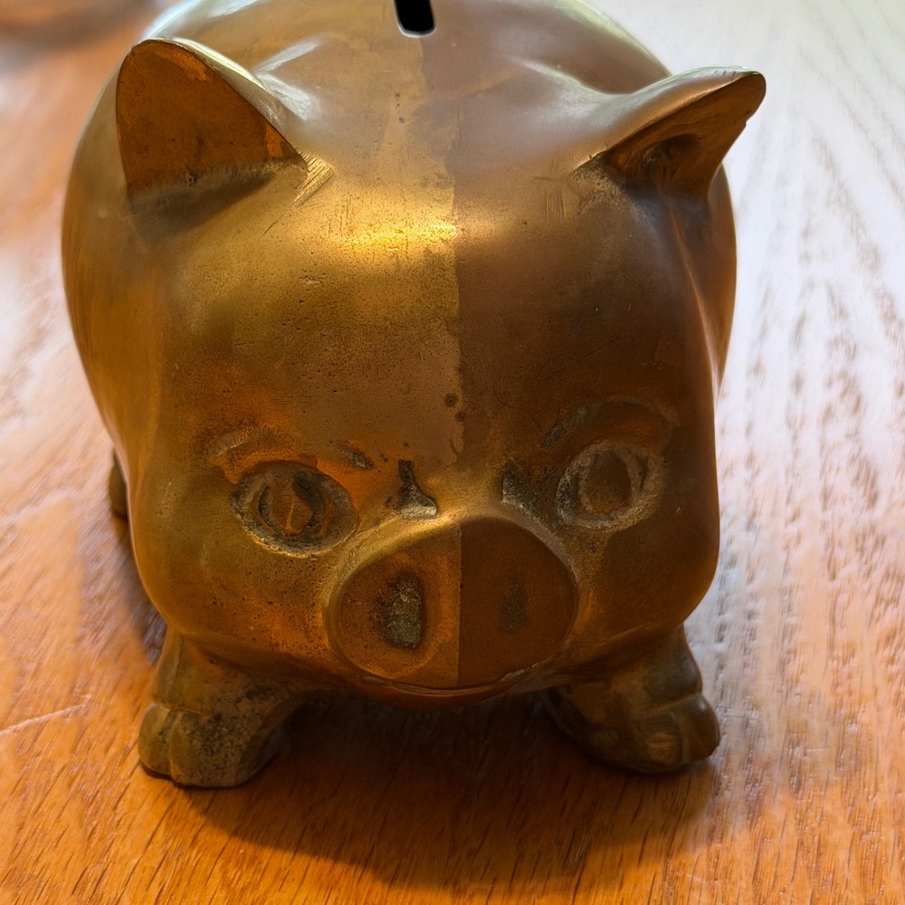 Vintage Solid Brass Piggy Bank Unisex OS Gold Good  Heavy MCM Patina Decor